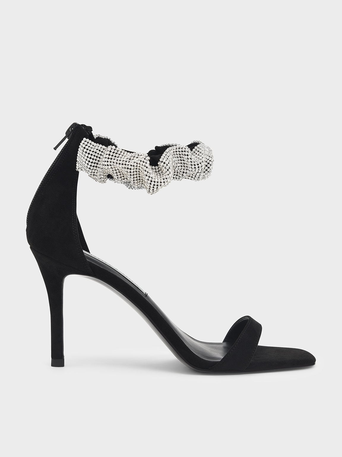 Black Gem-Encrusted Ruffle Strap 