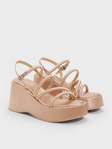 Sepatu Wedges Platform Strappy Lindon Satin, Nude, hi-res