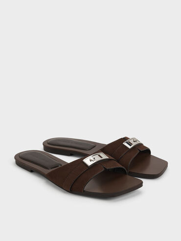 Lando Faux Suede Belted Slide Sandals, Dark Brown Textured, hi-res