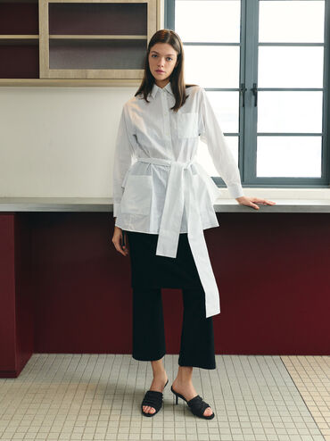 Sepatu Mules Heeled Ruched Faux Suede, Black Textured, hi-res