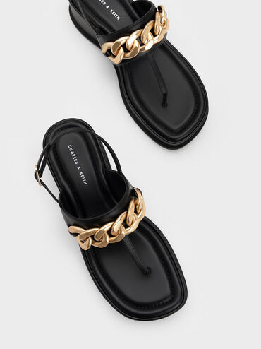 Chain-Link Thong Sandals, Black, hi-res