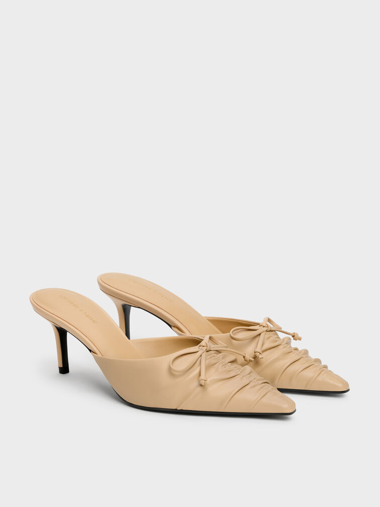 Ruched Bow Pointed Heeled Mules, Sand, hi-res