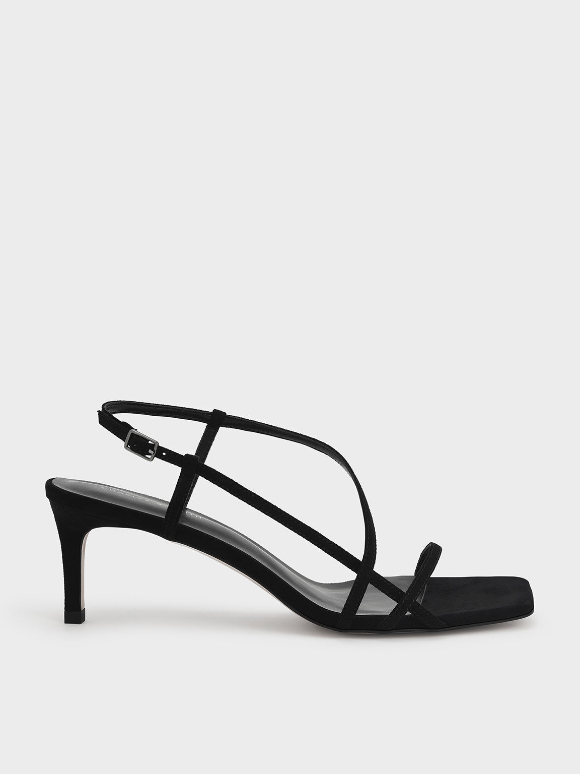 Textured Asymmetric Strap Heeled Sandals, Black Textured, hi-res