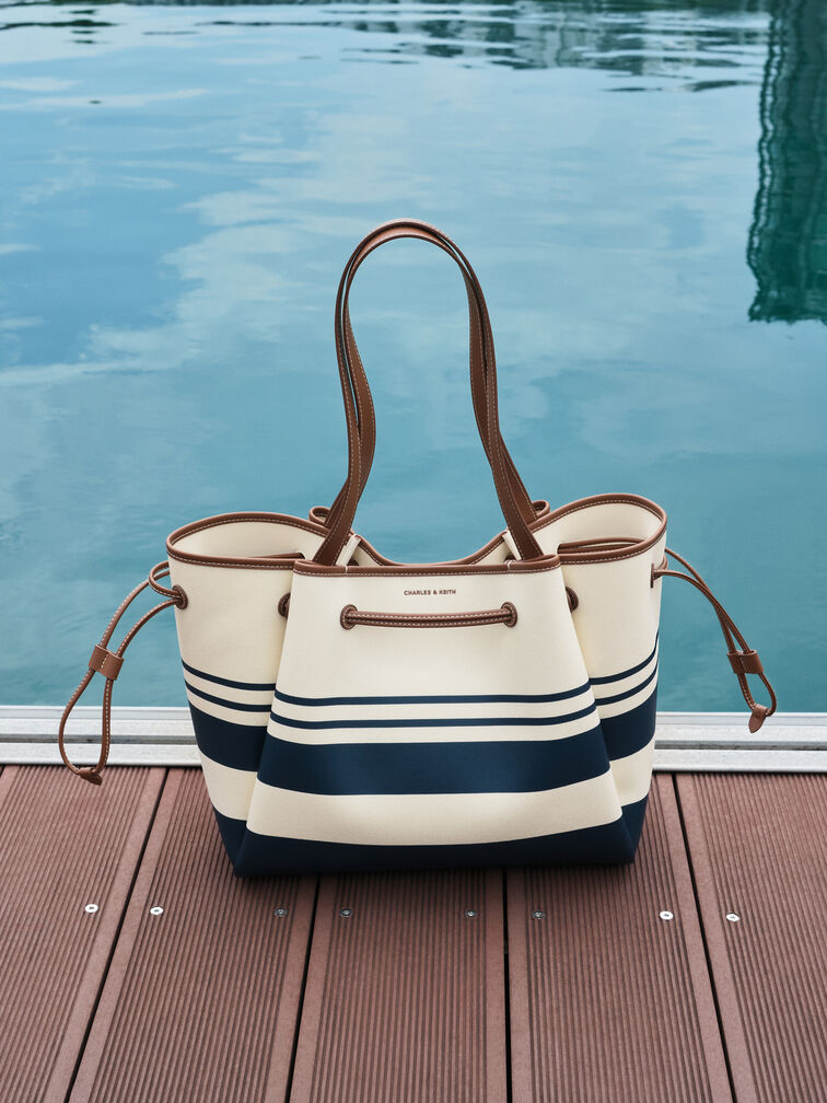 Tas Tote Drawstring Striped Hanya Canvas, Multi, hi-res