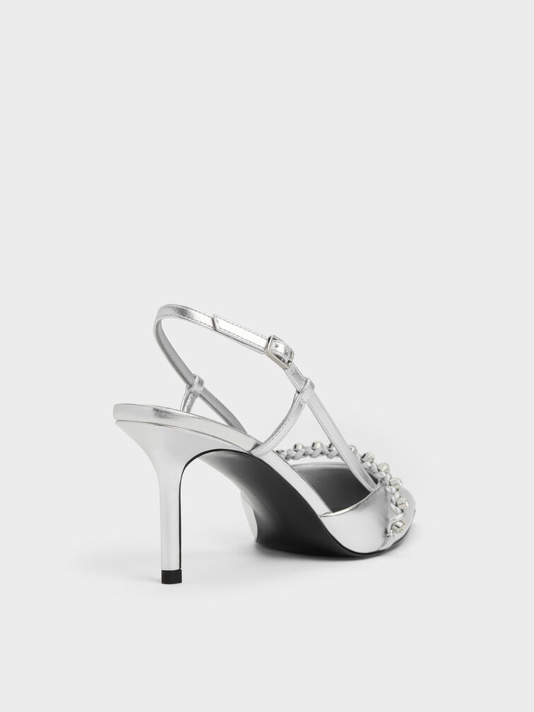 Sepatu Pumps Slingback Crystal Metalik, Silver, hi-res