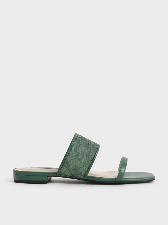 Sandal Slide Lace & Mesh, Green, hi-res