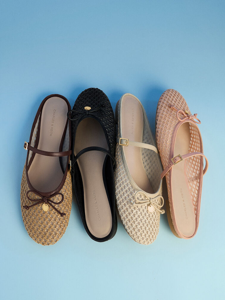 Sepatu Mules Mary Jane Bow Raffia, Beige, hi-res