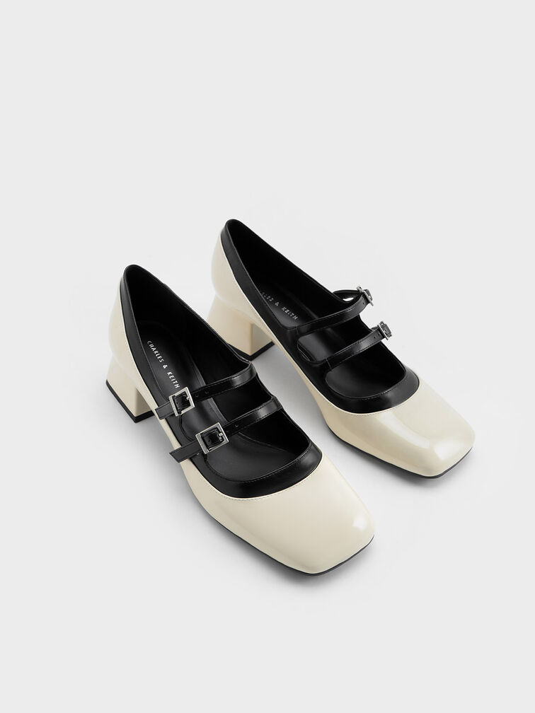 Sepatu Mary Janes Patent Double Buckle Two-Tone, Chalk, hi-res