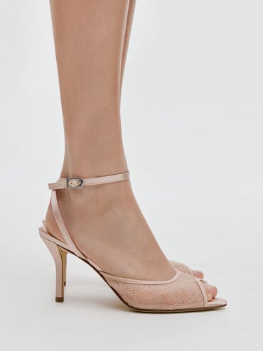 Lace & Satin Peep-Toe Heels, Nude, hi-res