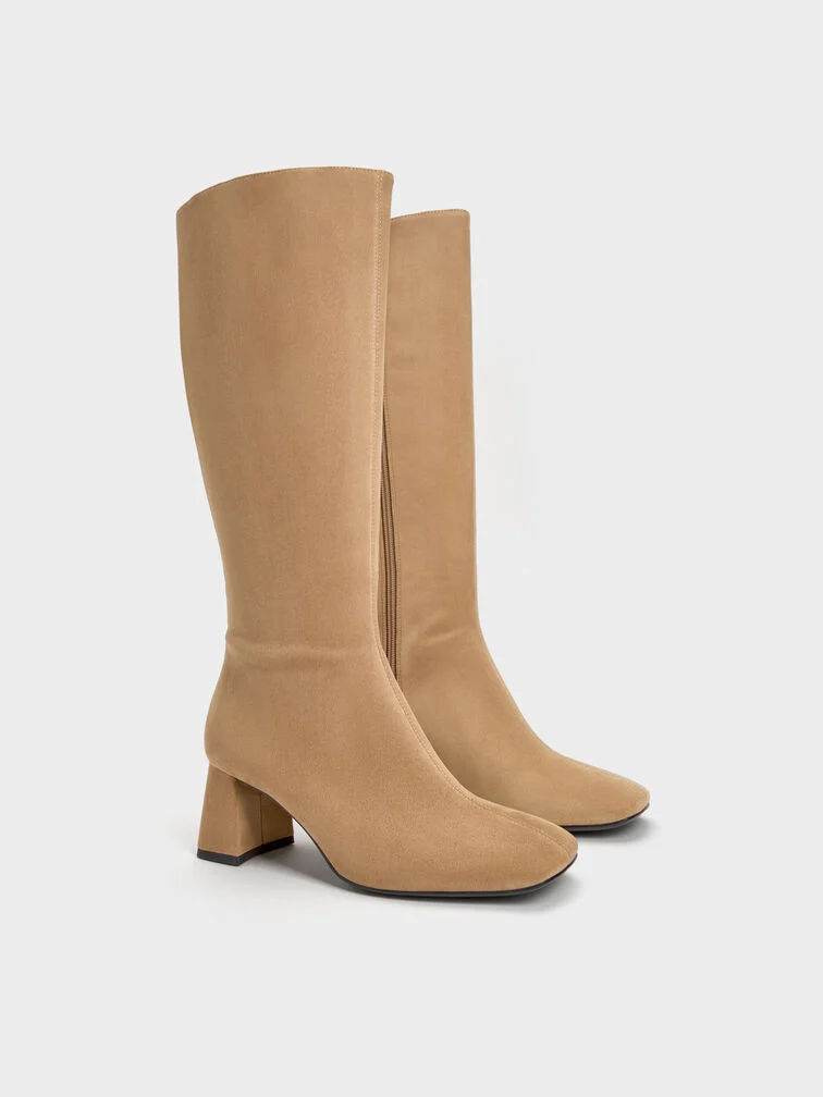 Square-toe knee-high boots with a light sandy brown finish.