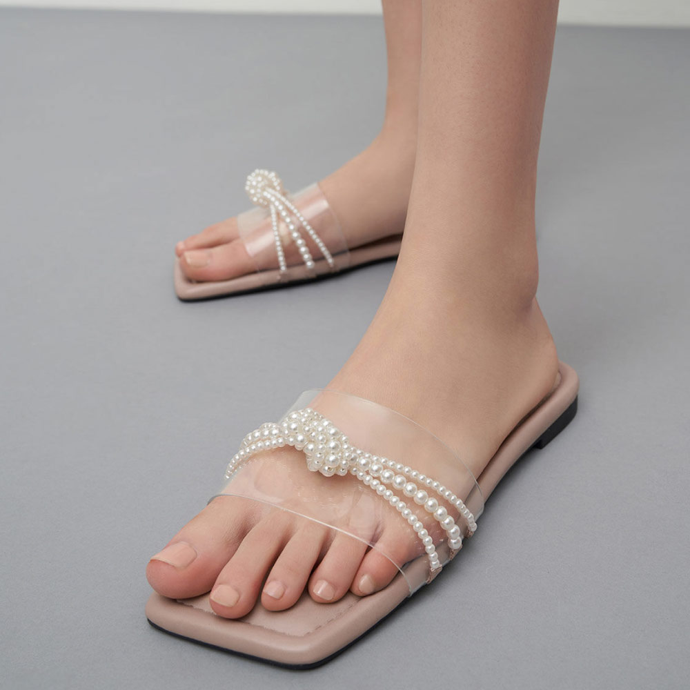 Sandal slide wanita bead embellished slide warna beige – CHARLES & KEITH