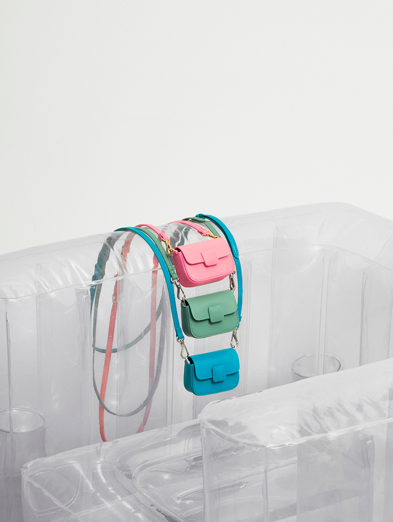 Micro Koa Square Push-Lock Bag in pink, green and blue  - CHARLES & KEITH