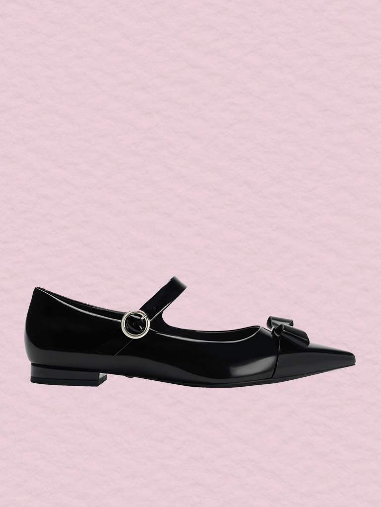 Women’s leather bow Mary Jane flats in black box - CHARLES & KEITH