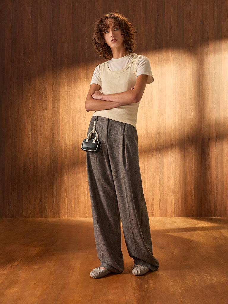 Winona Felt Bow Furry-Strap Mary Jane Flats in light grey and Sianna Two-Tone Bowling-Bag Charm in black and white - CHARLES & KEITH