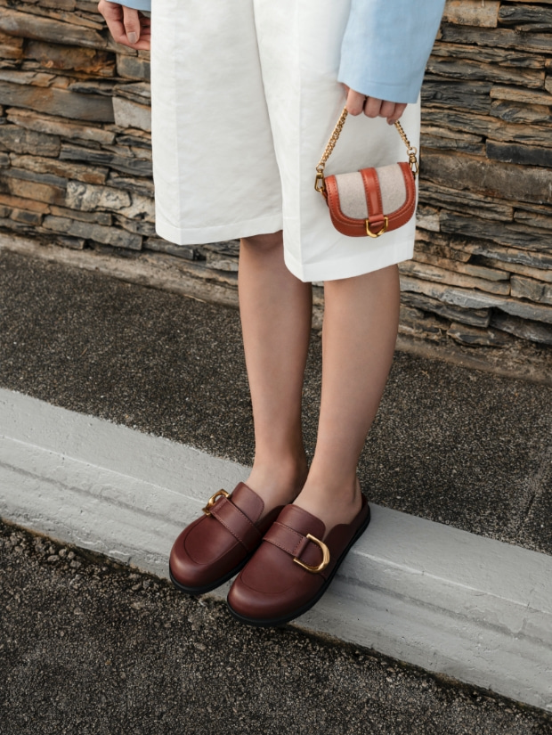 Micro Gabine two-tone saddle bag in brick, Gabine buckled leather loafer mules in brown - CHARLES & KEITH
