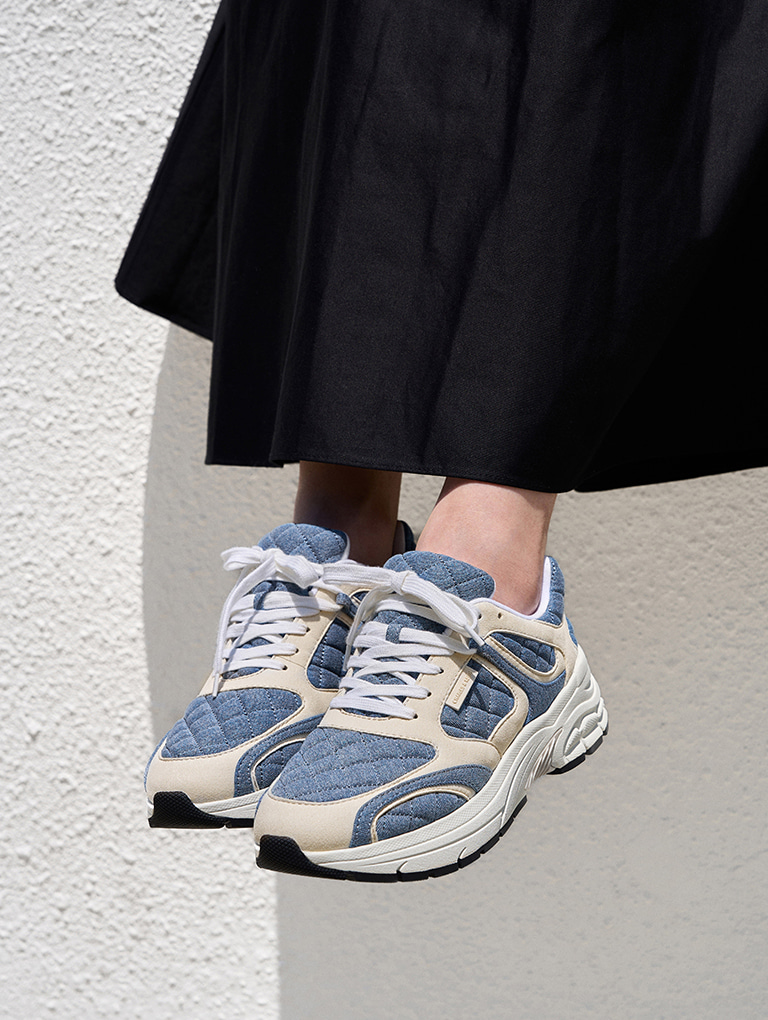 Women’s denim quilted lace-up chunky sneakers in denim blue  - CHARLES & KEITH