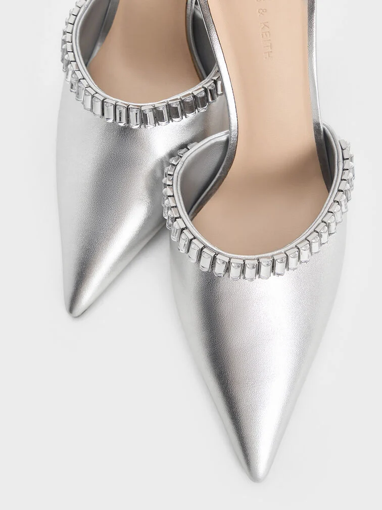 Women’s metallic crystal-embellished pointed-toe heeled mules in silver – CHARLES & KEITH 
