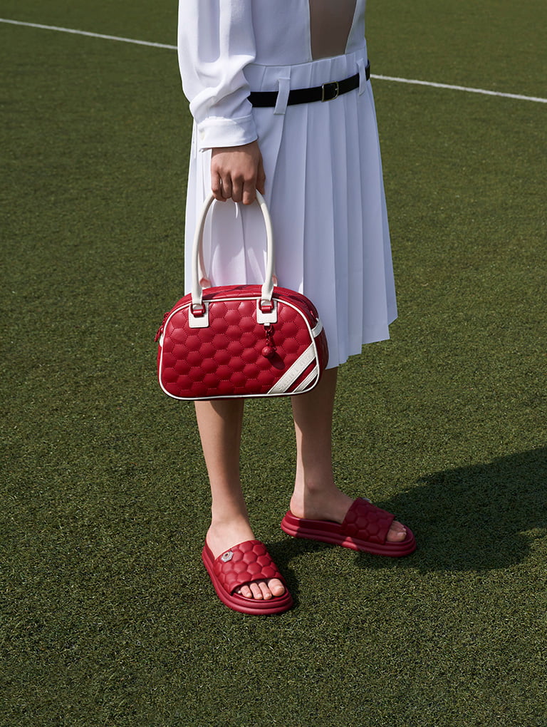Women’s patterned flatform sliders and striped textured bowling bag in matching red  - CHARLES & KEITH