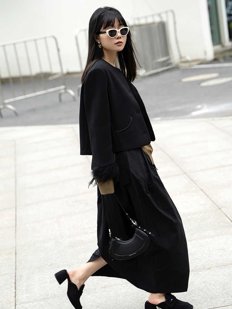 Women’s Petra Curved Shoulder Bag and Sinead Woven Buckled Loafer Mules, both in black - CHARLES & KEITH