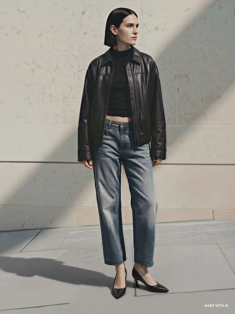 Black pointed heels styled with cropped straight jeans, a fitted black top and matching leather jacket. 