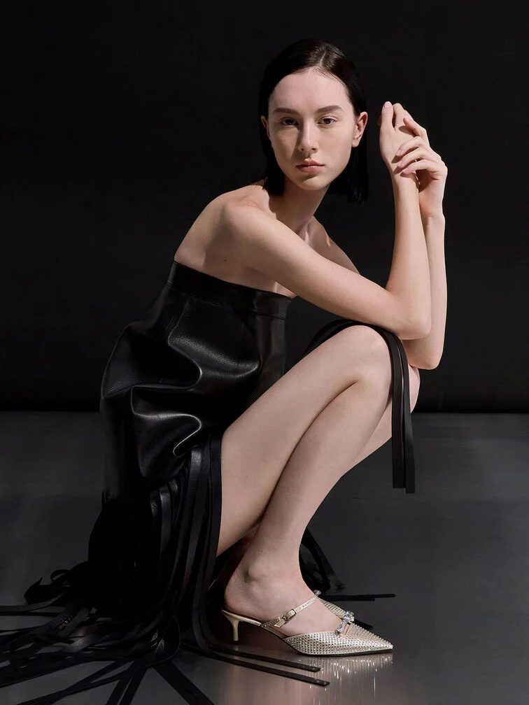 Women’s recycled polyester crystal-embellished bow kitten-heel mules in sand - CHARLES & KEITH