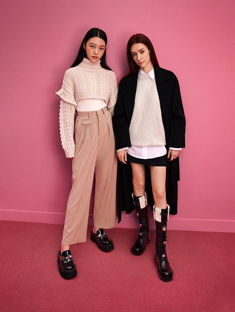 Women’s Lotso Embellished Platform Mules and Lotso Furry Knee-High Combat Boots, both in black- CHARLES & KEITH