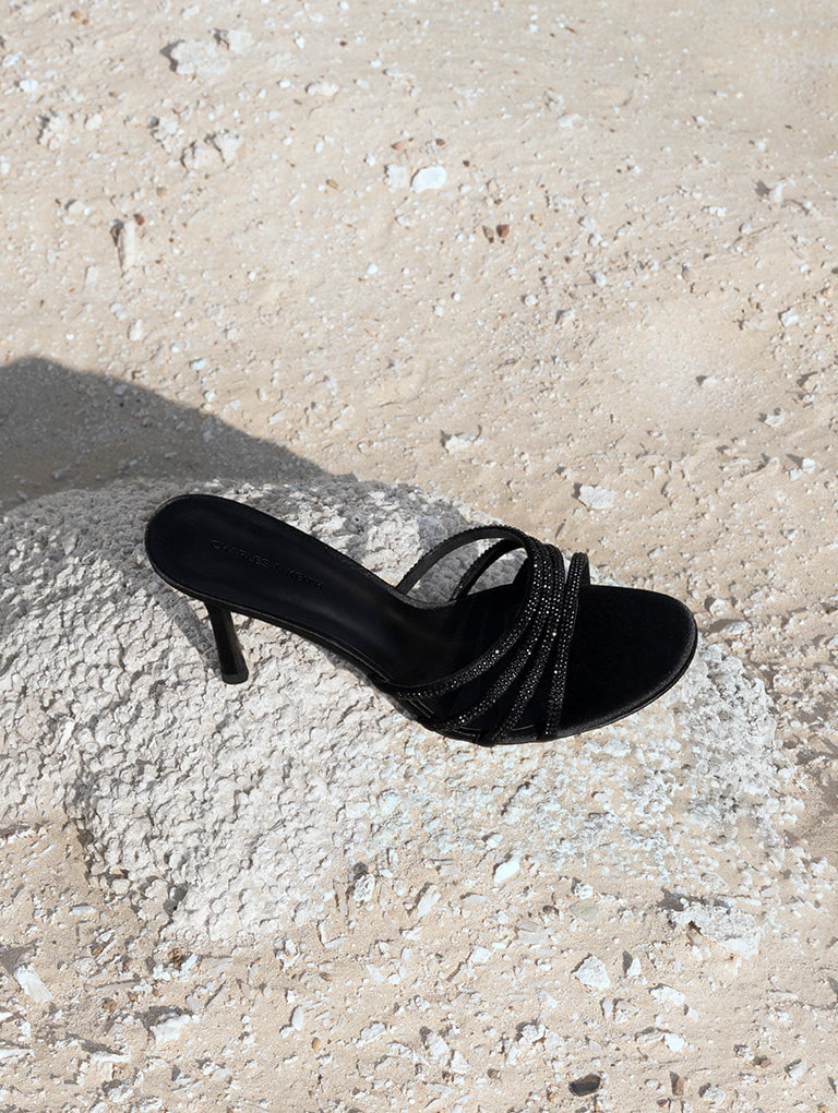 Women's Satin Crystal-Embellished Heeled Mules in black - CHARLES & KEITH