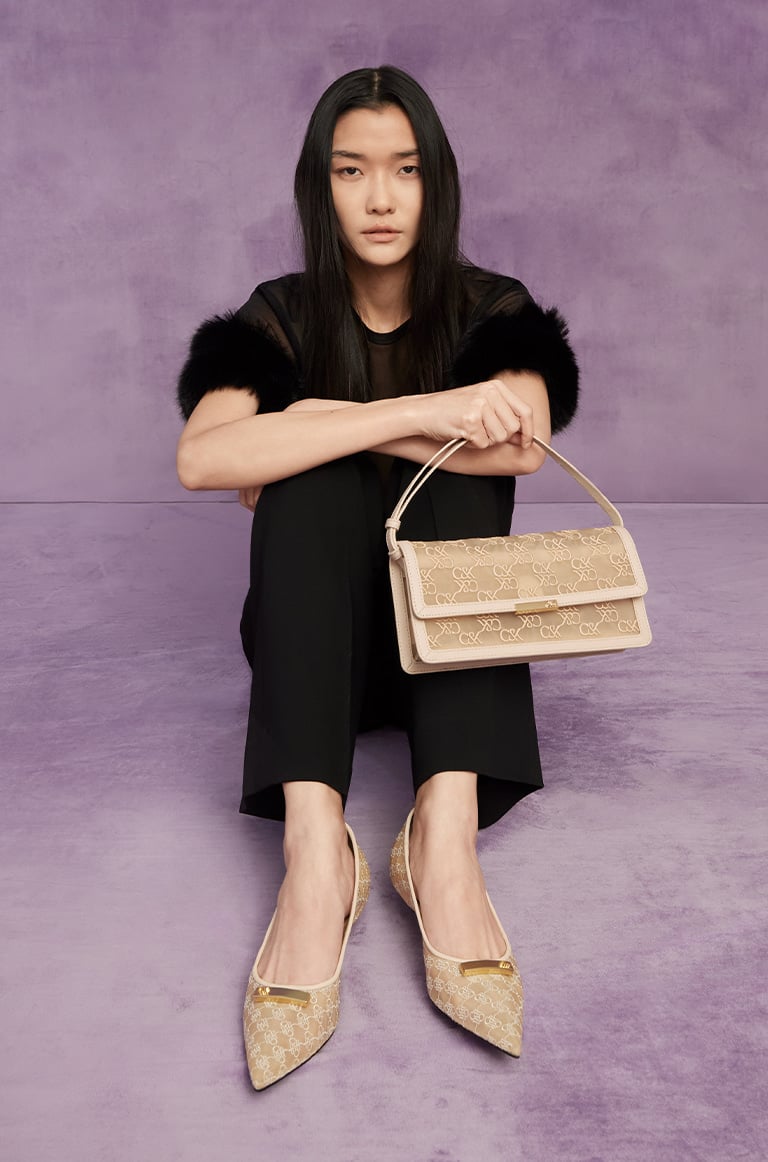 Women's Mesh Kitten-Heel Pumps and Mesh & Leather Monogram Shoulder Bag, both in beige - CHARLES & KEITH