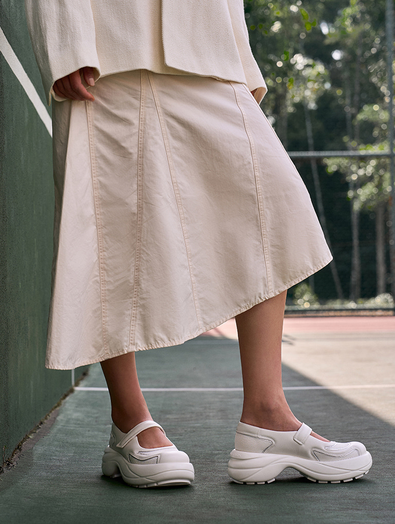 Women’s mesh curved platform Mary Jane sneakers in white  - CHARLES & KEITH
