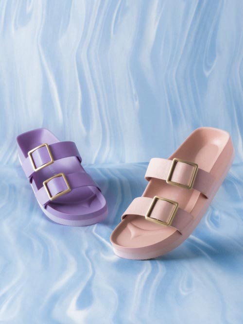 Metallic Buckle Slide Sandals, Light Pink