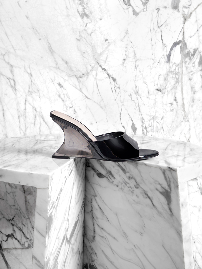 Women’s Patent Sculptural Heel Wedges in black - CHARLES & KEITH