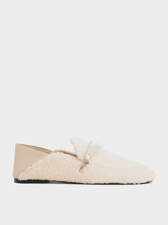 Beaded Furry Step-Back Loafers