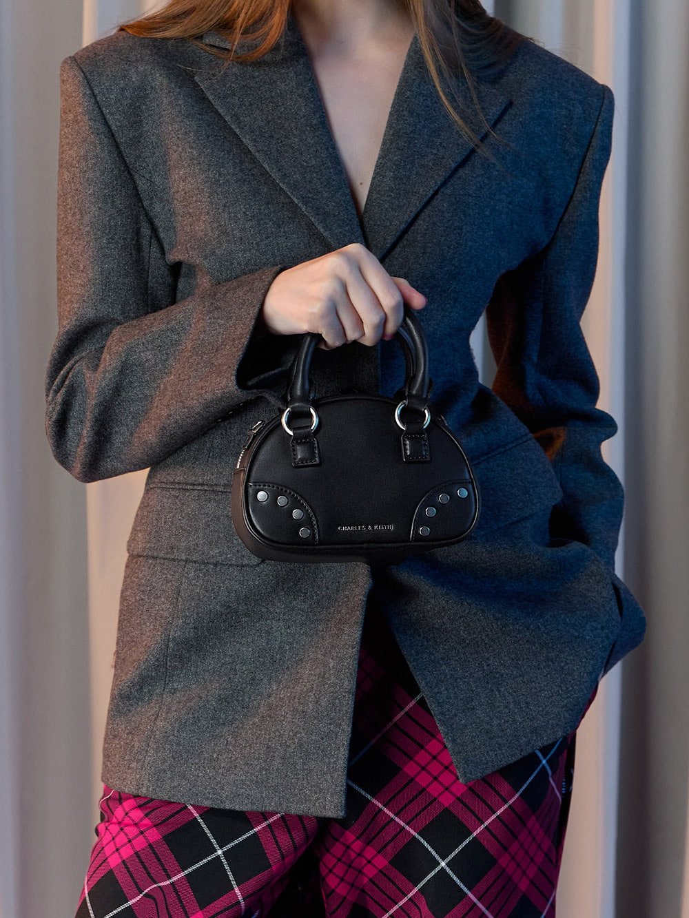 Women’s Bobbie recycled suede studded top handle bag in noir - CHARLES & KEITH