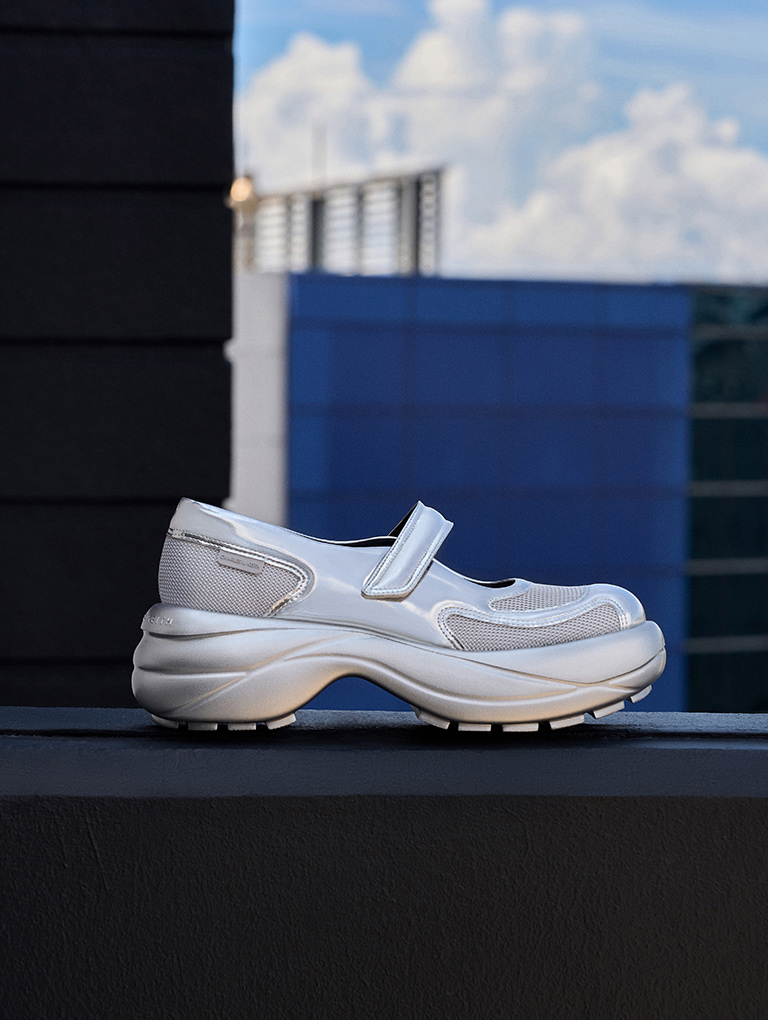 Women’s metallic curved platform Mary Jane sneakers in silver  - CHARLES & KEITH