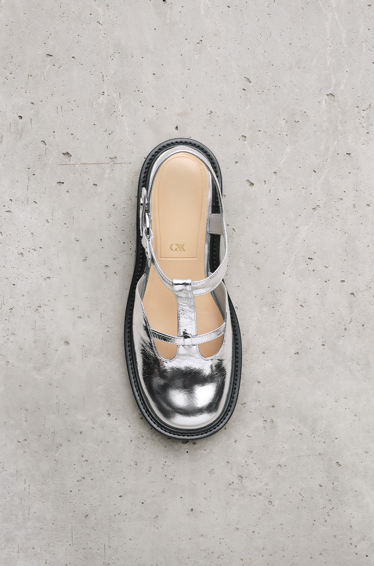 Women's Leather Metallic Cut-Out T-Bar Sandals in silver - CHARLES & KEITH