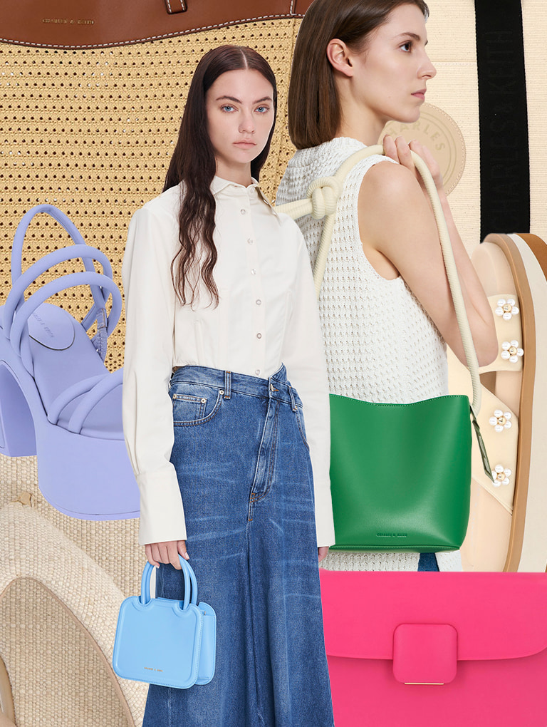 Women’s Perline Sculptural Tote Bag in light blue; Nerissa Tubular Platform Sandals​ in lilac; Ida Knitted Tote Bag in beige; Crossover Platform Slides in chalk; Koa Square Push-Lock Shoulder Bag in pink; Gwiana Knotted Bucket Bag in green - CHARLES & KEITH
