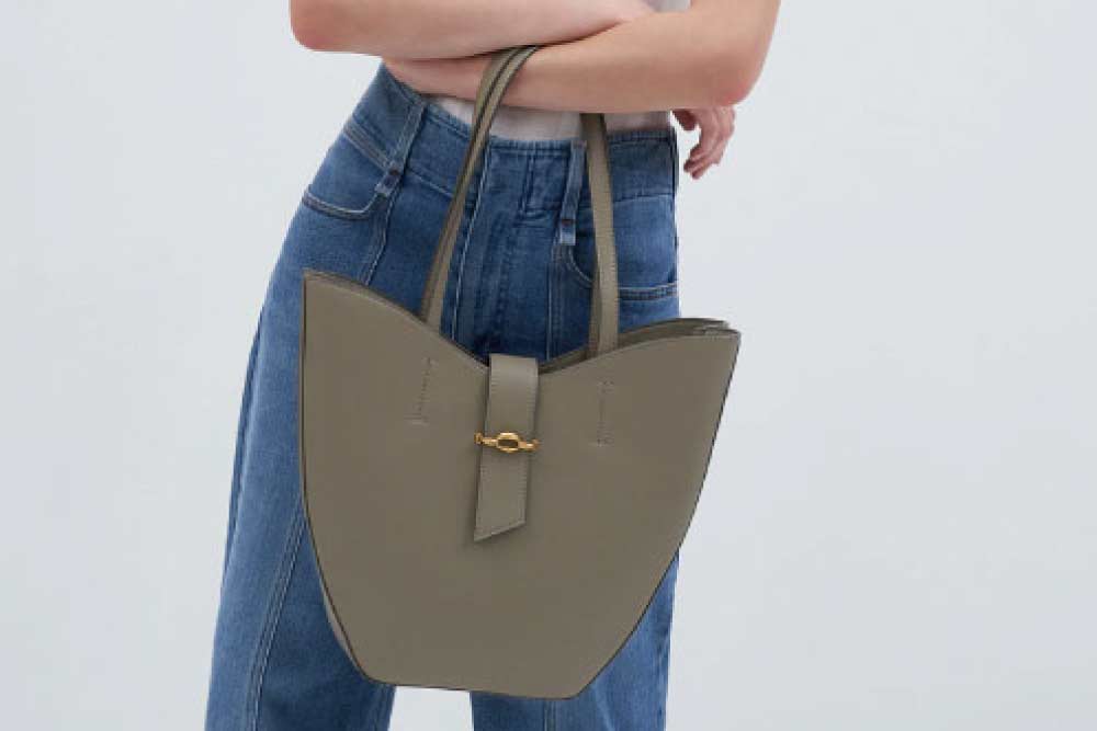 Metallic Push-Lock Top Handle Bag, Nude