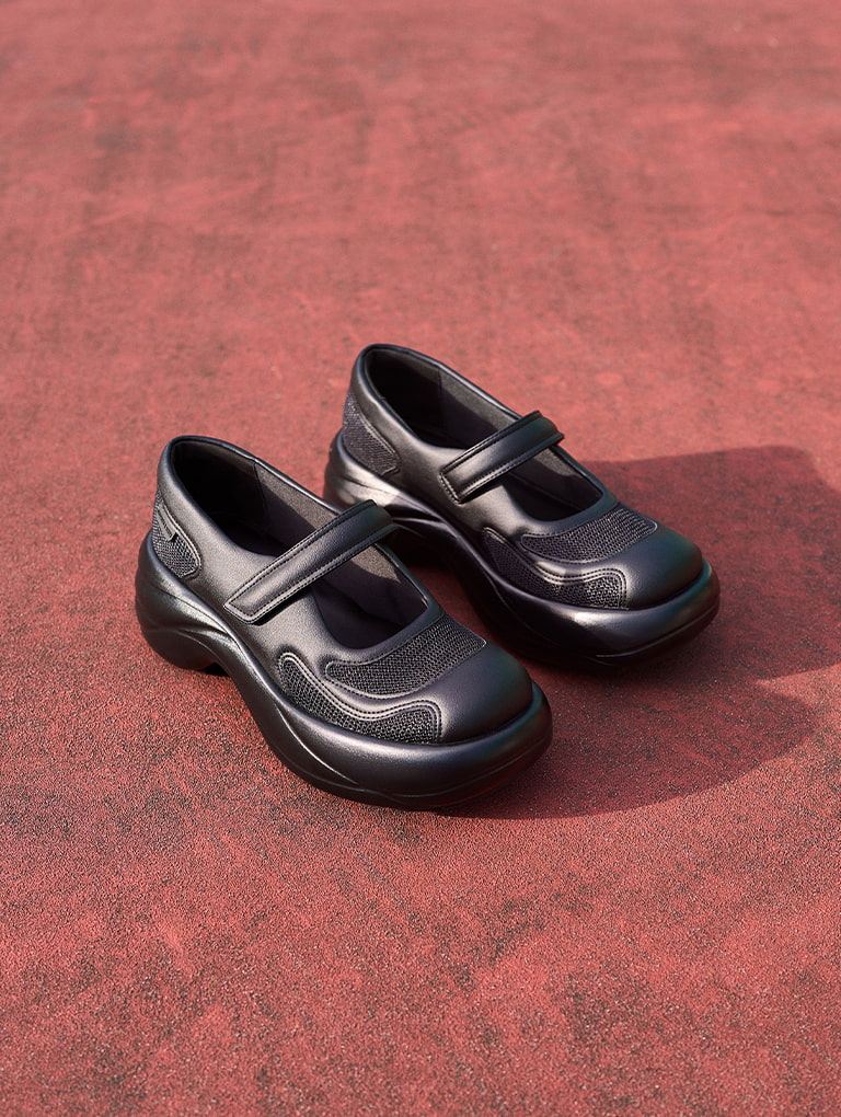 Women’s mesh curved platform Mary Jane sneakers in black textured  - CHARLES & KEITH