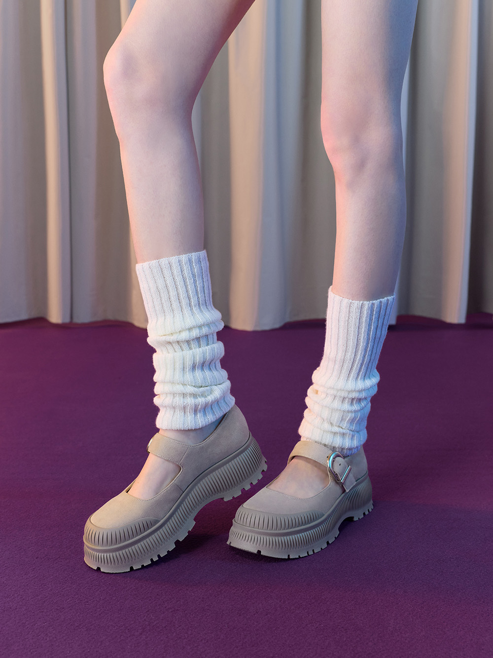 Women’s Darra ridged-sole platform Mary Janes in beige - CHARLES & KEITH