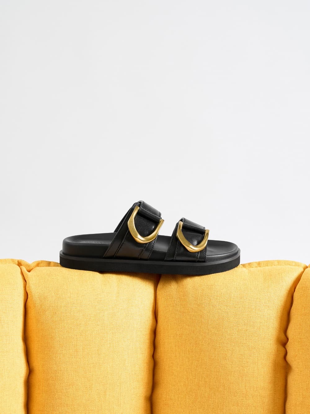 Women’s black Gabine buckled leather slides - CHARLES & KEITH