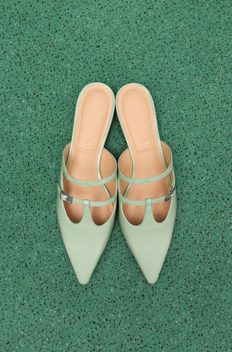 Women's Leather T-Bar Double-Strap Mules in mint green - CHARLES & KEITH