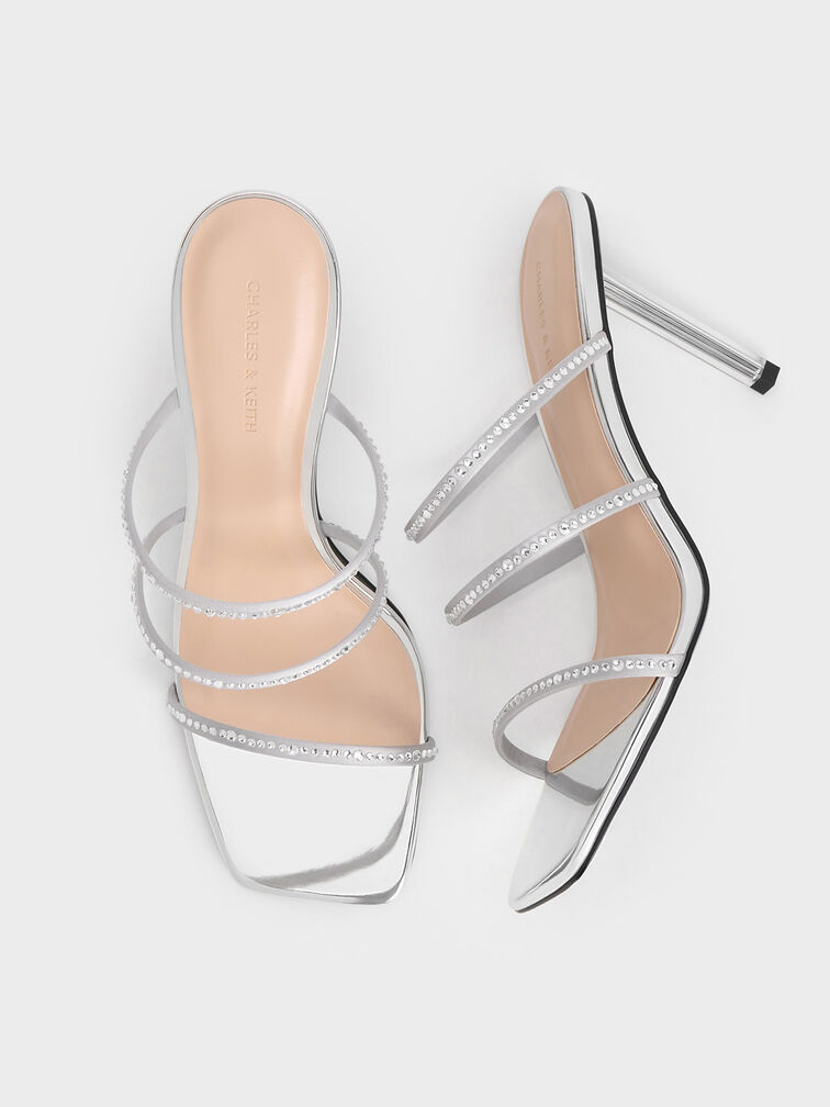 Women’s recycled polyester crystal-embellished strappy mules in silver - CHARLES & KEITH 