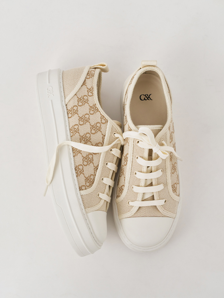 Women’s canvas monogram flatform sneakers (close up)  - CHARLES & KEITH