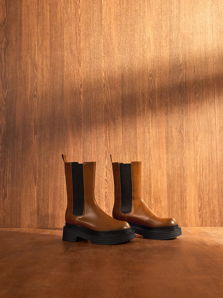 Stitch-Trim Platform Mid-Calf Chelsea Boots in tan - CHARLES & KEITH