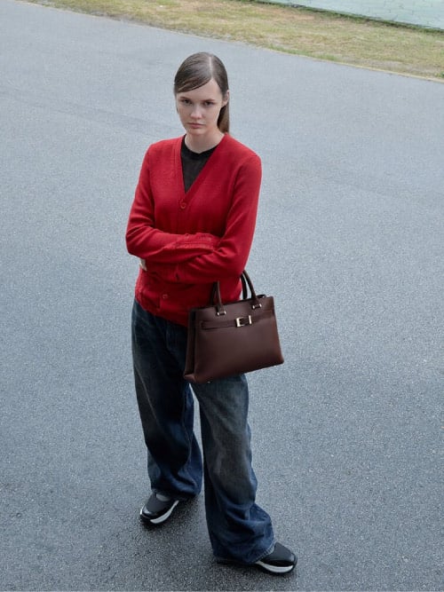 Women's Black Voyager Leather Belted Trapeze Tote Bag - CHARLES & KEITH