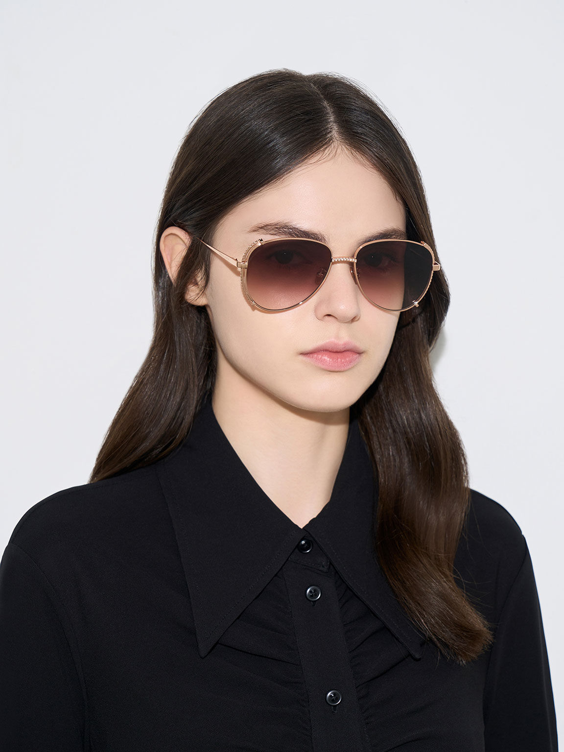 Gem-Embellished Wireframe Aviator Sunglasses - Rose Gold