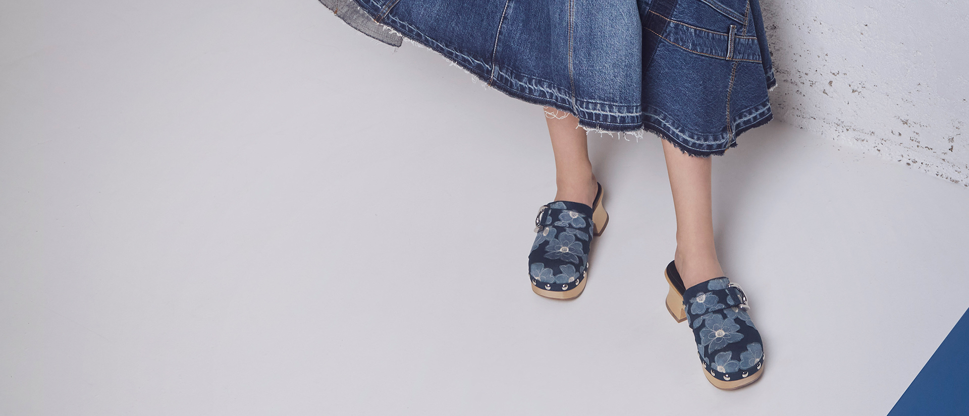 Women’s Gabine floral denim studded clogs (top view)   - CHARLES & KEITH