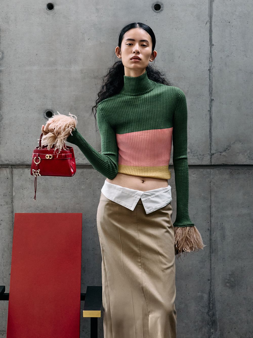 Sammie Horse-Motif Drawstring Bucket Bag in red and Orinda Knot-Pearl Mary Jane Flats in light pink  - CHARLES & KEITH