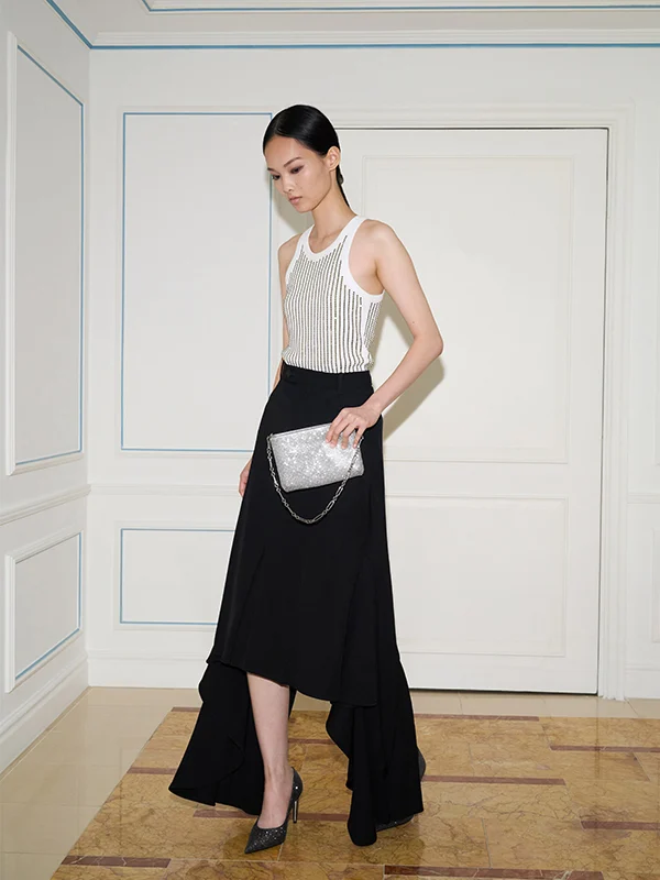 Black-Textured Recycled Polyester Crystal-Embellished Ankle-Strap Sandals - CHARLES & KEITH