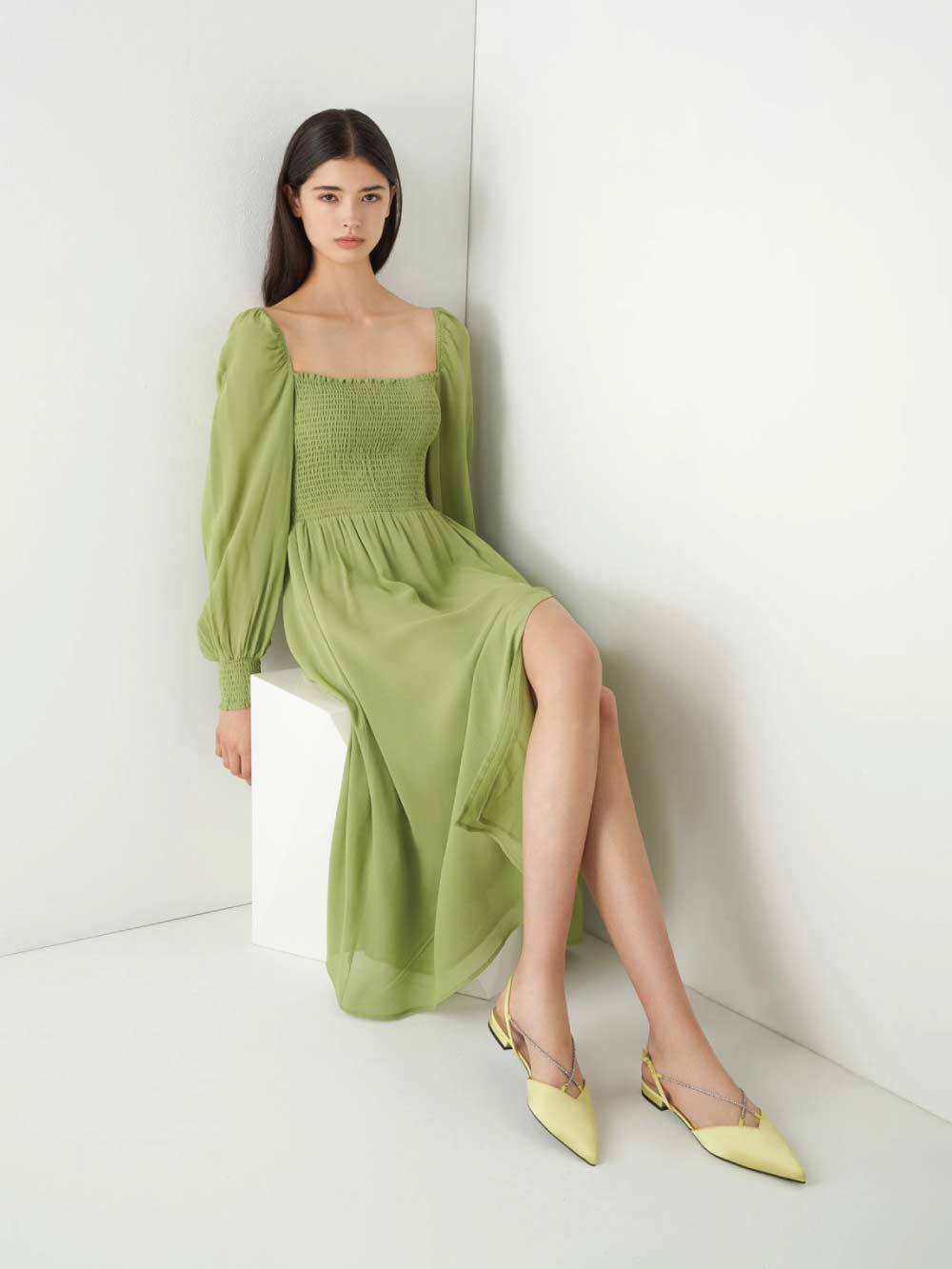 Women's lime-green Adel recycled polyester gem-strap slingback ballerina pumps - CHARLES & KEITH